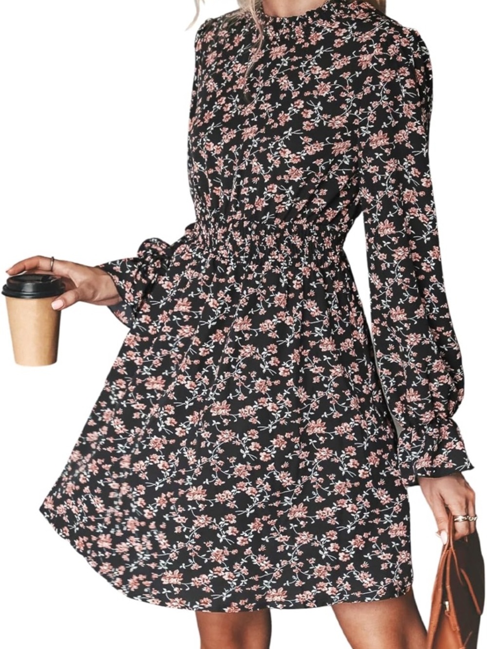 Floral Long-Sleeve Smocked Waist Dress - Black with Pink Floral